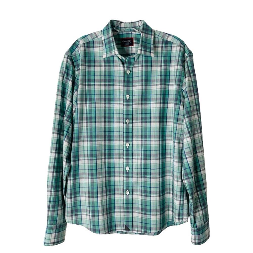Untuckit green white plaid button front office preppy shirt top medium